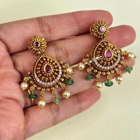 Handmade Brass Metal Jewellery Ruby Pearl Chandbali Earrings